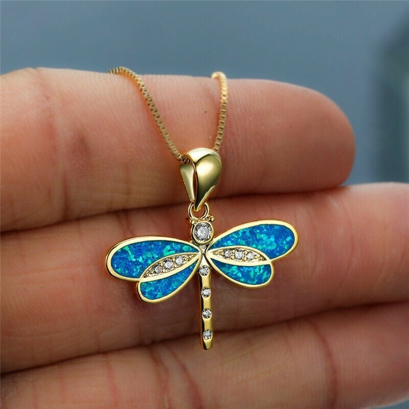 Dây chuyền chuồn chuồn bằng vàng đính đá opal