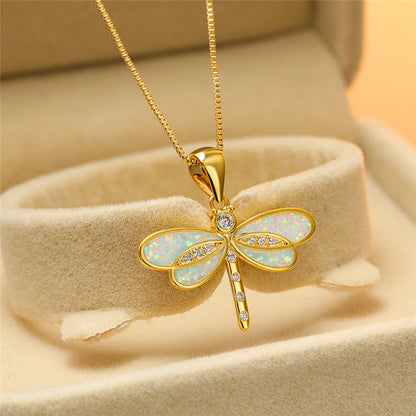 Dây chuyền chuồn chuồn bằng vàng đính đá opal