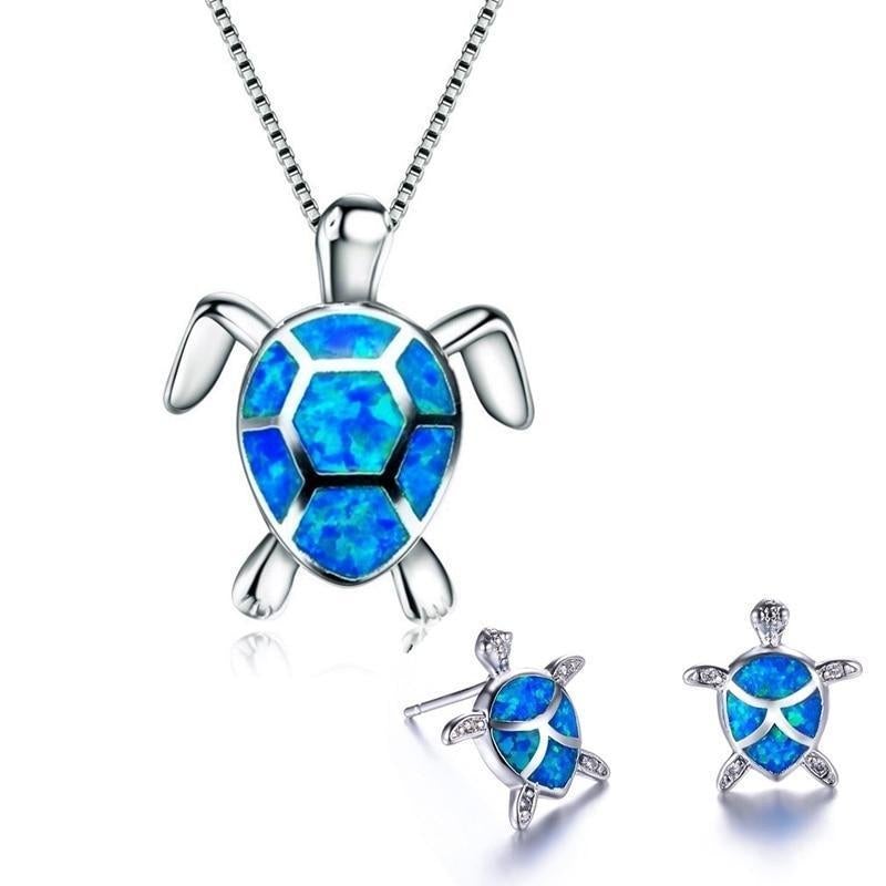 Dây chuyền rùa biển + bông tai đá opal và bạc