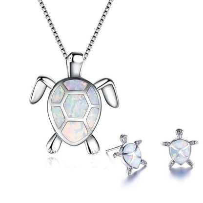 Dây chuyền rùa biển + bông tai đá opal và bạc