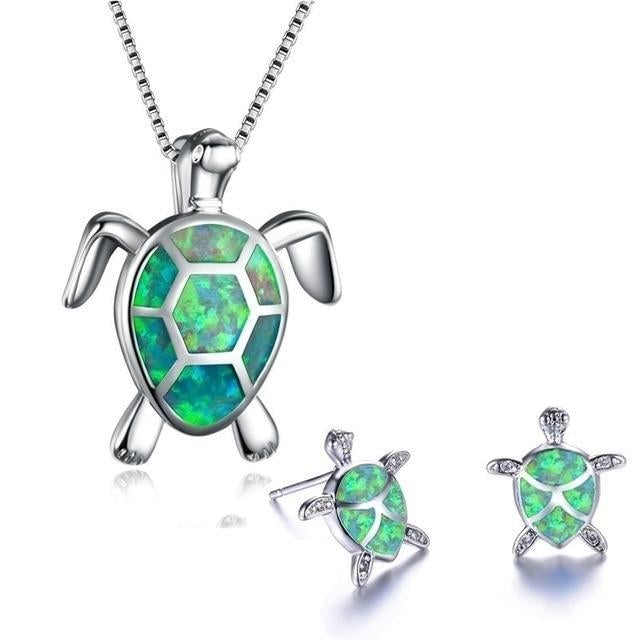 Dây chuyền rùa biển + bông tai đá opal và bạc