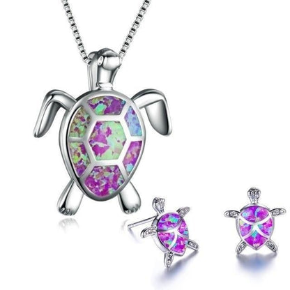 Dây chuyền rùa biển + bông tai đá opal và bạc