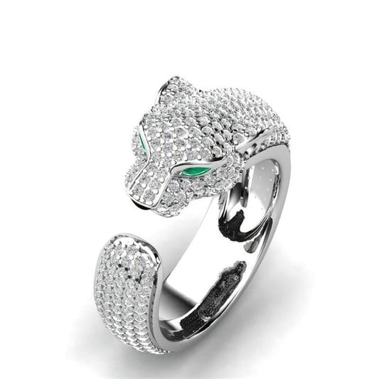 Nhẫn Jaguar có thể điều chỉnh bằng Bạc và Vàng hồng 18K với Mắt đá Cubic Zirconia màu xanh lá cây