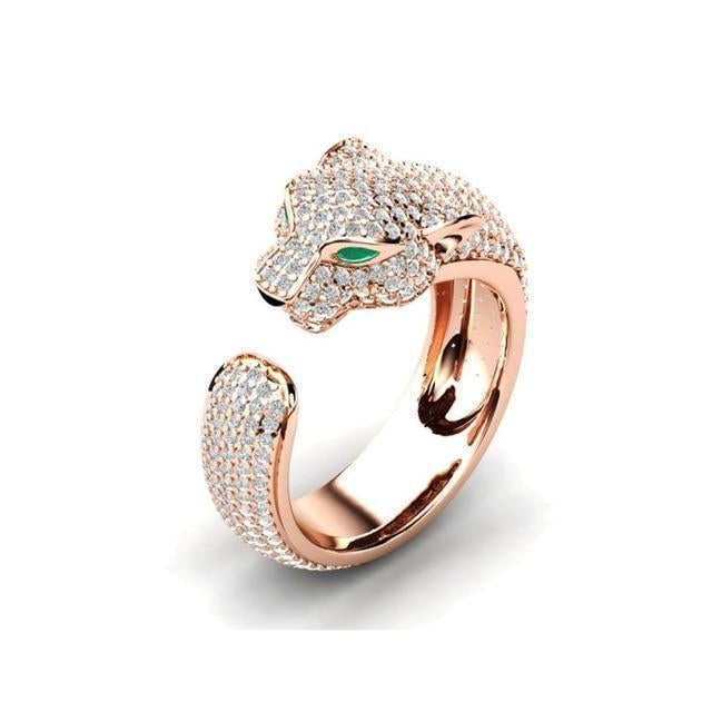 Nhẫn Jaguar có thể điều chỉnh bằng Bạc và Vàng hồng 18K với Mắt đá Cubic Zirconia màu xanh lá cây