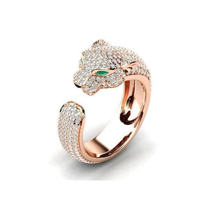 Nhẫn Jaguar có thể điều chỉnh bằng Bạc và Vàng hồng 18K với Mắt đá Cubic Zirconia màu xanh lá cây