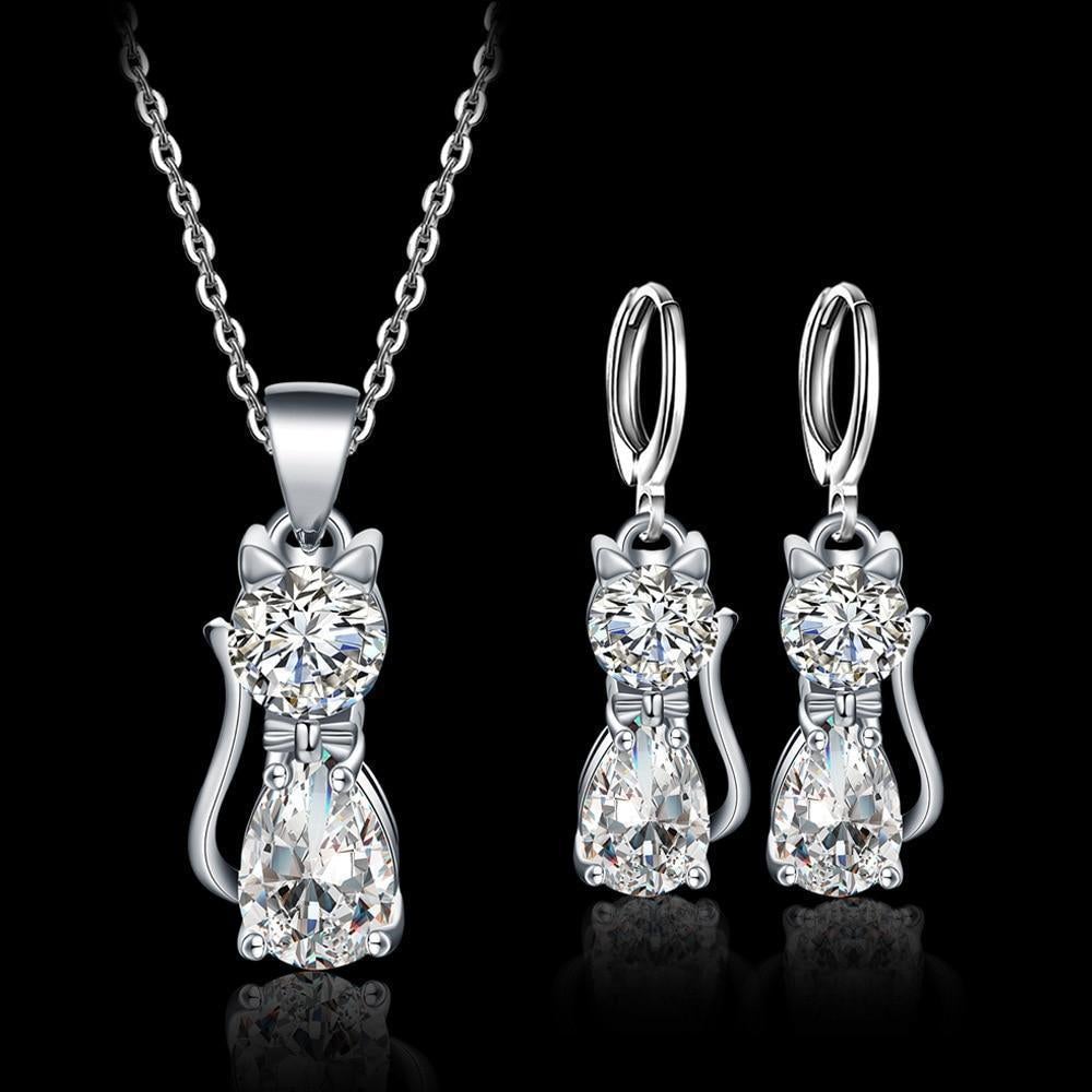 Bộ dây chuyền + bông tai Mèo Happy làm bằng bạc 925 đính zirconia trắng bóng